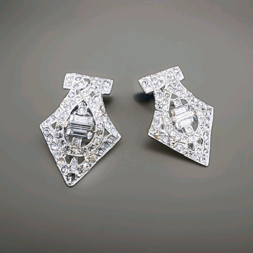 Vntg SilverTone Rhinestone Geometric ClipOn Earrings Signed Mid Century Art Deco